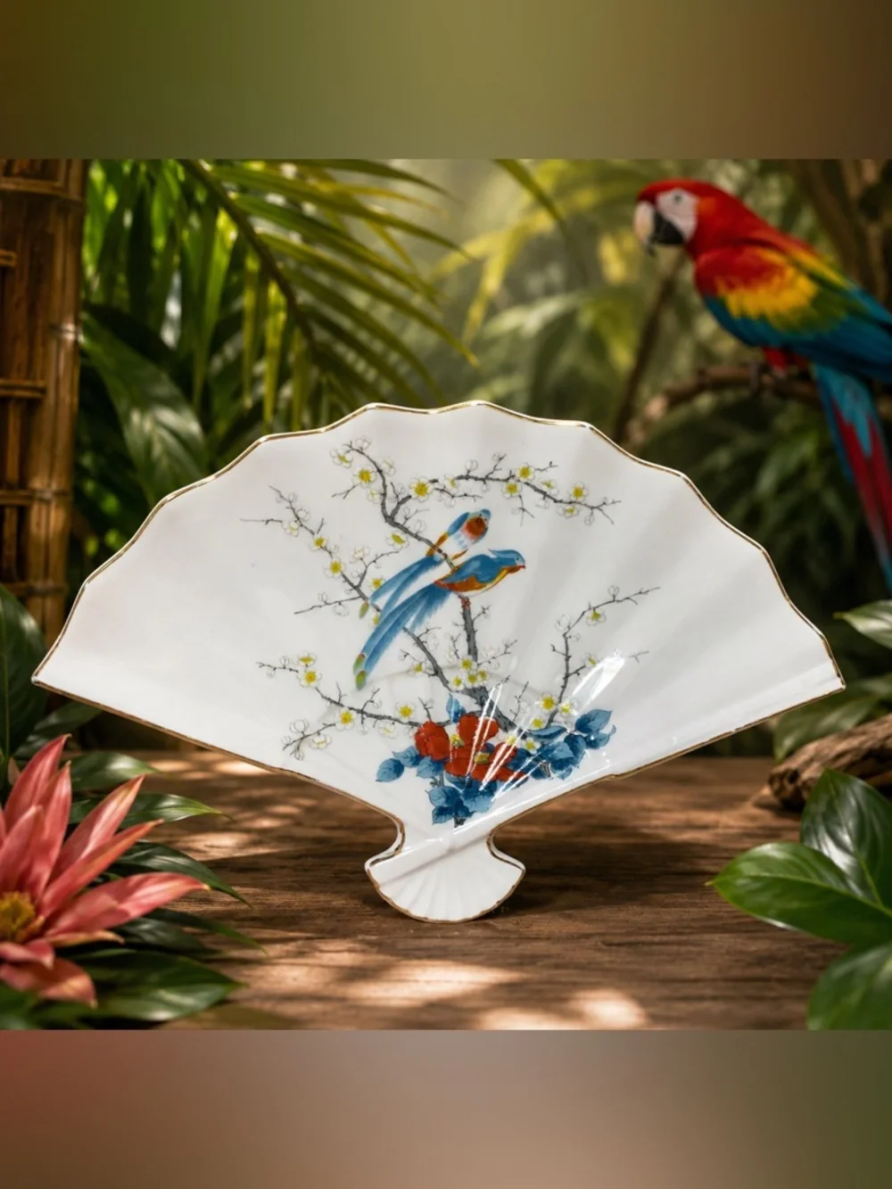 🔍 Vintage Jay Fine China Japan Fan-Shaped Bird & Floral Display Plate